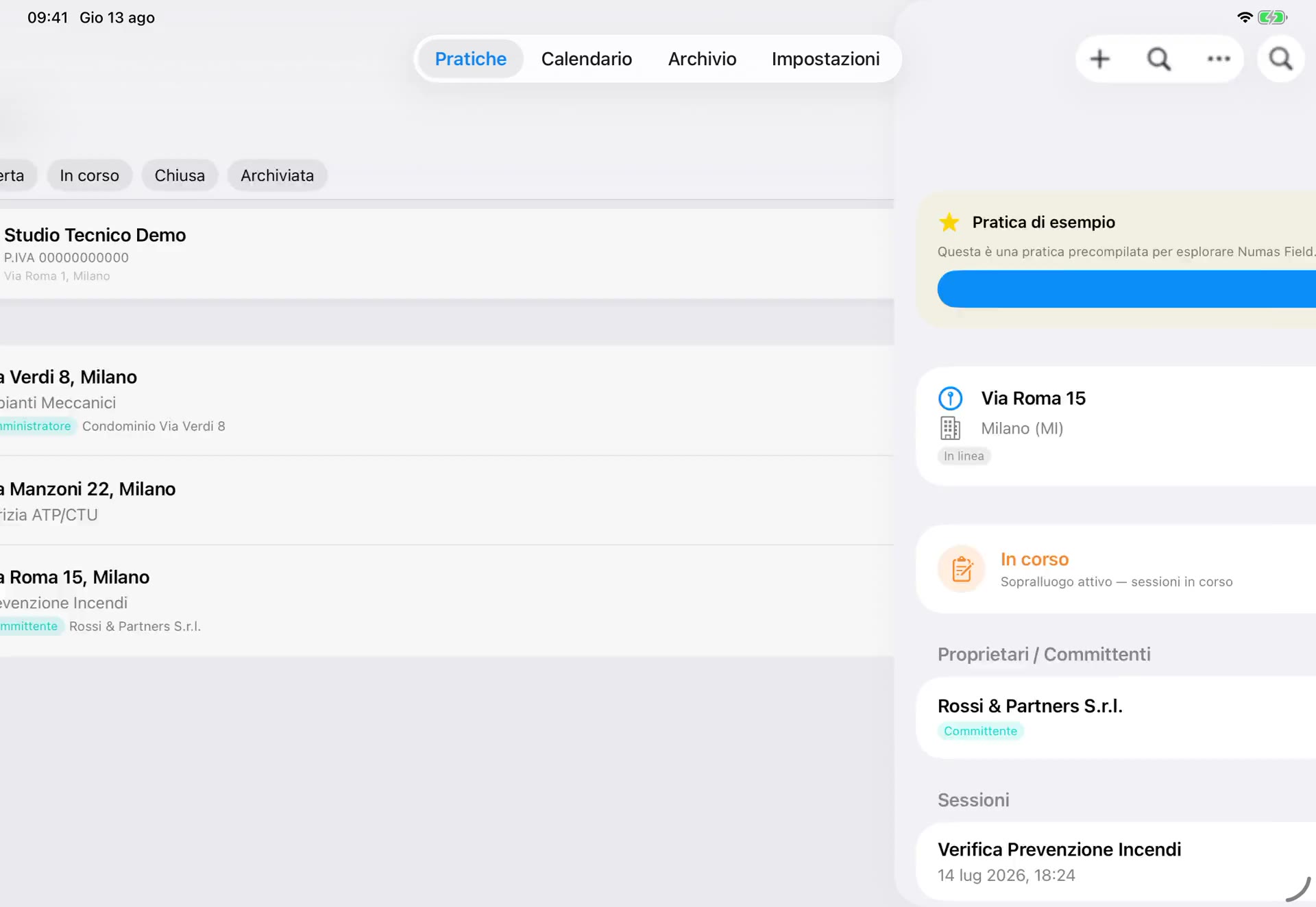 Numas Field su iPad: la dashboard delle pratiche