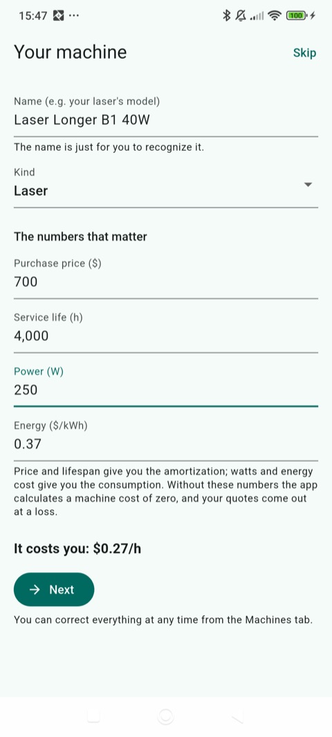 Your first machine: purchase price, expected life, power draw, energy cost