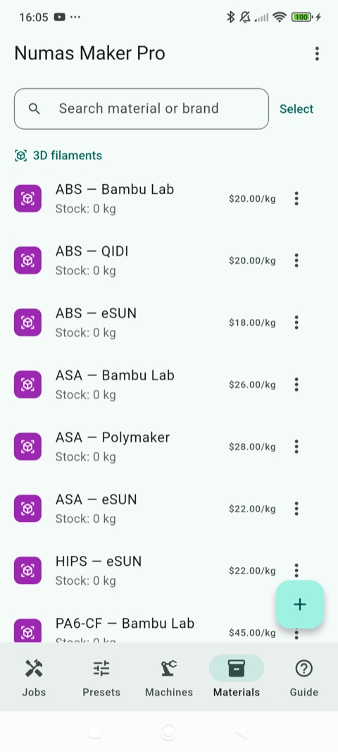 The 101 built-in materials, with prices and stock on hand