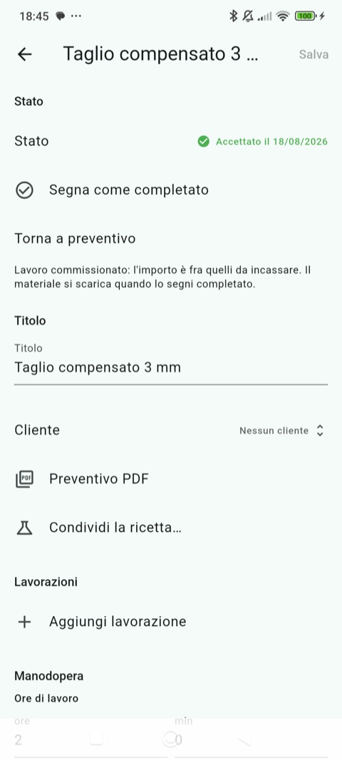 Il dettaglio di un lavoro: lavorazioni, materiali, costo e prezzo di vendita