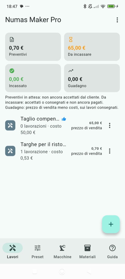 L'elenco dei lavori, coi totali in testa: da incassare, incassato, guadagno