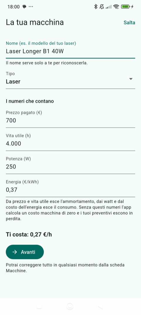 La prima macchina: prezzo pagato, vita attesa, potenza, costo dell'energia