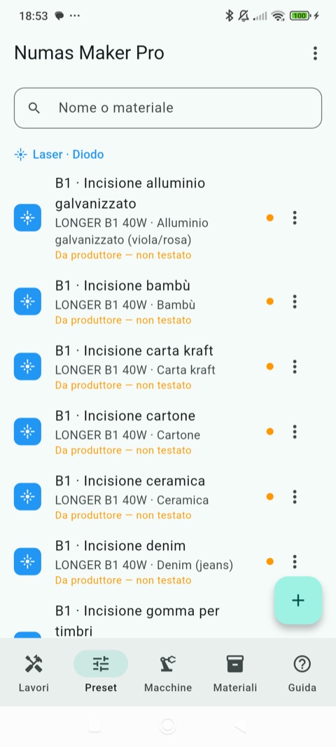 I preset di lavoro per macchina e materiale
