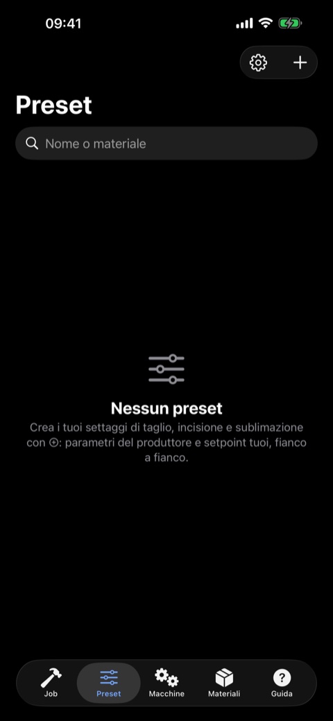 Work presets per machine and material