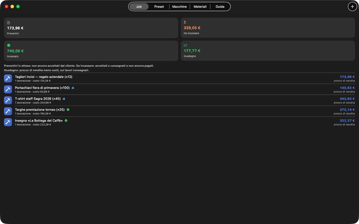NUMAS Maker Pro on Mac: job list with quotes, receivables and profit summary