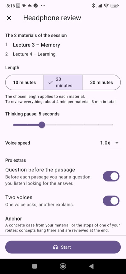 Headphone review of a study day: two handouts, length, pause and Pro extras