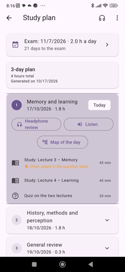 A study-plan day with headphone review, listening and the map of the day