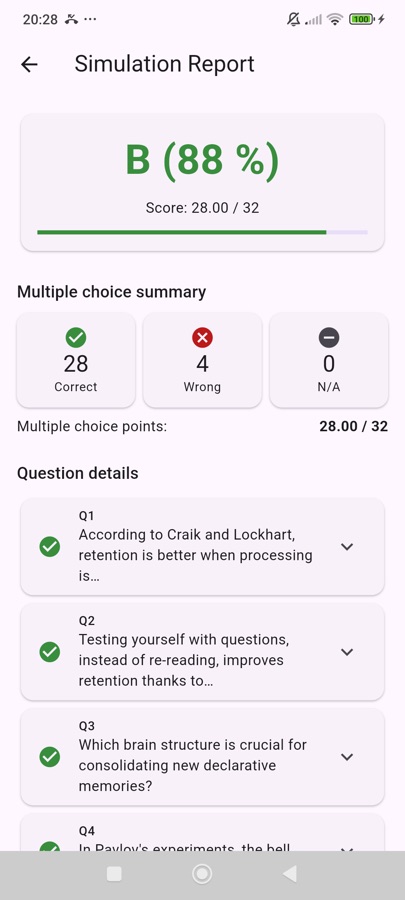 The simulation report: grade, summary and question details