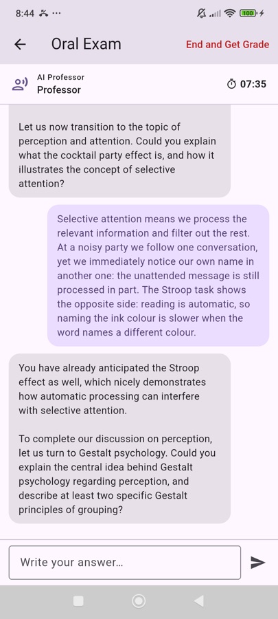 The oral exam: the virtual professor asks questions and comments on the answer