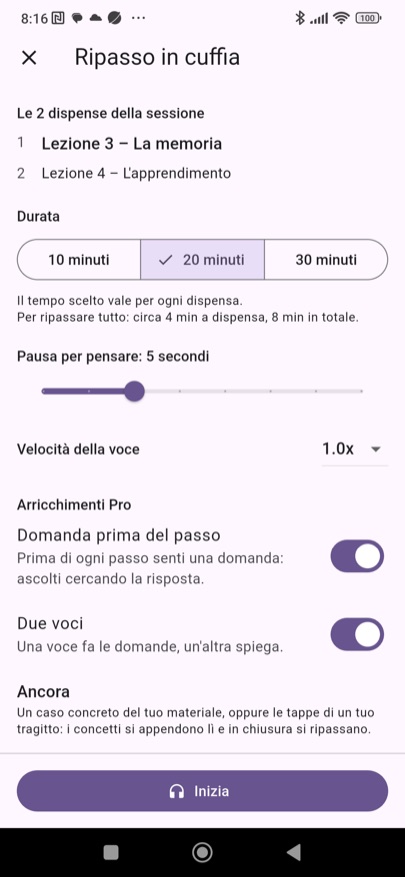 Il ripasso in cuffia della giornata: due dispense, durata, pausa e arricchimenti Pro