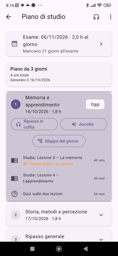 Una giornata del piano di studio con ripasso in cuffia, ascolto e mappa del giorno