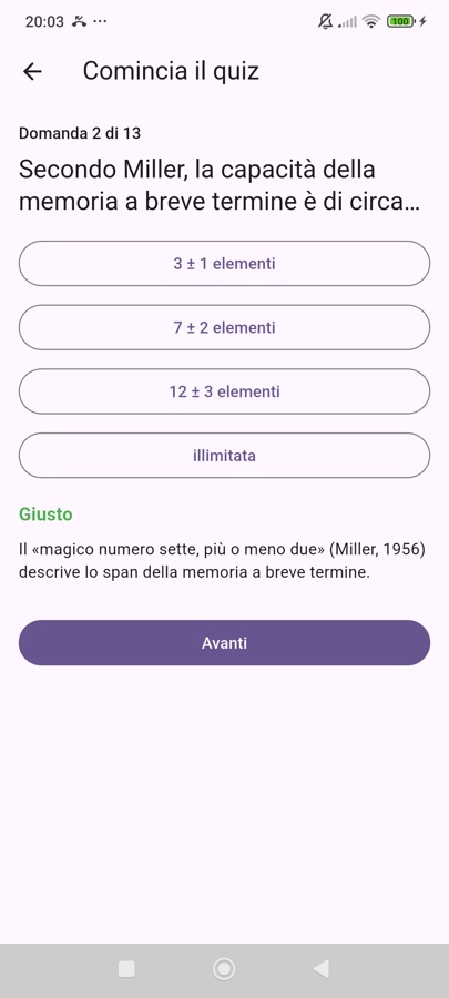 Una domanda di quiz corretta con la spiegazione