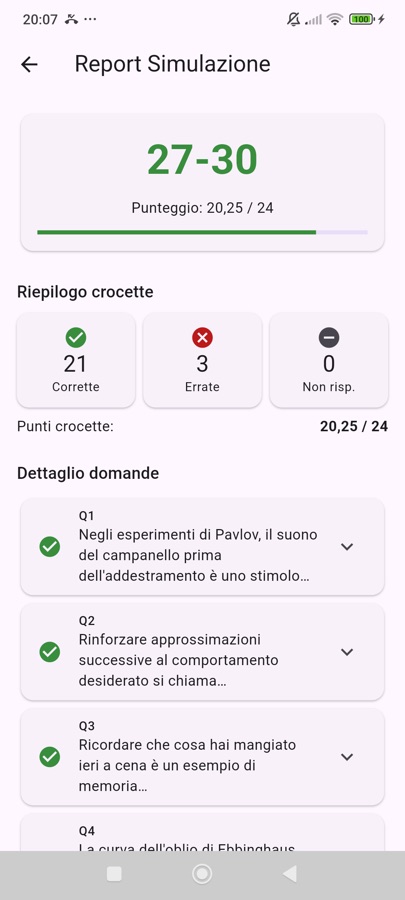Il report della simulazione: 27 su 30, riepilogo e dettaglio delle domande