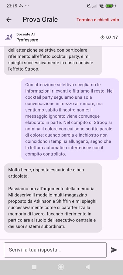 La prova orale: il professore virtuale interroga e commenta la risposta